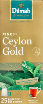 Złote opakowanie herbaty Dilmah Finest Ceylon Gold, czarna herbata cejlońska w torebkach, z grafiką liści.