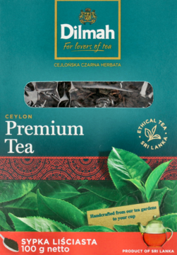 Zielone opakowanie Dilmah Ceylon Premium Tea, czarna herbata sypana 100g, z okienkiem i etykietą Sri Lanka.