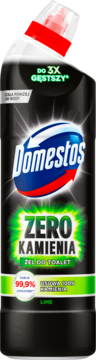 Domestos Zero Kamienia Lime, żel do WC, czarna butelka z czerwoną zakrętką i zieloną etykietą, widok z przodu.