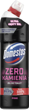 Domestos Zero Kamienia Pink, ultra gęsty żel do toalet w czarnej butelce z różowymi akcentami, widok z przodu.