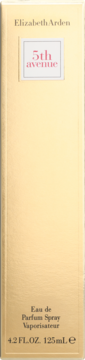 Złoty kartonik perfum Elizabeth Arden 5th Avenue 125ml, widok z przodu, z różowym napisem na białym tle.