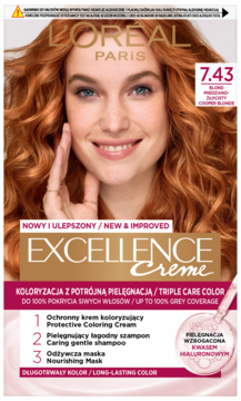 Farba L'Or'eal Excellence Crème 7.43 Miedziany Blond, opakowanie z modelką o rudych włosach, widok z przodu.