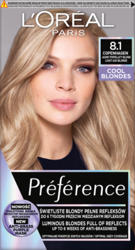 Opakowanie farby L'Oréal Préférence 8.1 Copenhagen Chłodny Blond z maską anti-brass, widok z przodu.