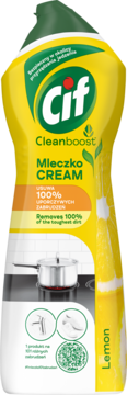 Żółta butelka Cif Mleczko Lemon Cleanboost, krem do czyszczenia, usuwa 100% brudu, widok z przodu.