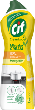 Żółta butelka Cif Mleczko Lemon Cleanboost, krem do czyszczenia, usuwa 100% brudu, widok z przodu.