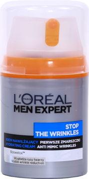L'Oréal Men Expert Stop The Wrinkles krem nawilżający, szara butelka z pomarańczowym wykończeniem, z przodu.