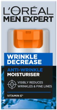 L'Oréal Men Expert Wrinkle Decrease krem przeciwzmarszczkowy dla mężczyzn, biała butelka z pomarańczową pompką.