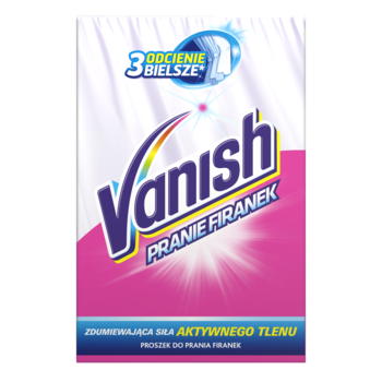 Proszek do prania firanek Vanish w różowo-białym opakowaniu, z napisem '3 odcienie bielsze', widok z przodu.
