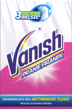 Vanish Pranie Firanki, proszek z aktywnym tlenem. Różowo-białe opakowanie z obietnicą '3 odcienie bielsze'.