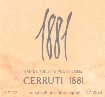 Kremowa etykieta Cerruti 1881 Eau de Toilette Pour Femme 30 ml, z brzoskwiniowym tłem i szarym logo.