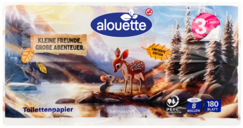 Alouette papier toaletowy 3-warstwowy, 8 rolek, widok z przodu opakowania z jelonkiem i kaczką nad jeziorem.