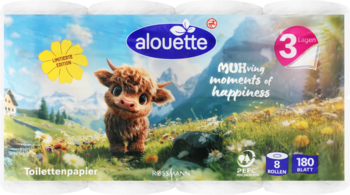 Alouette papier toaletowy, 3-warstwowy, 8 rolek. Opakowanie z uroczym cielakiem na tle górskiej łąki, przód.