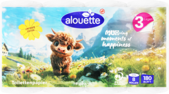 Alouette 3-warstwowy papier toaletowy, opakowanie z puszystym cielakiem w górach, 8 rolek po 180 listków.