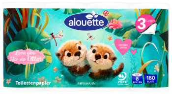 Alouette papier toaletowy 3-warstwowy, opakowanie z rysunkowymi wydrami, napisem 'Love you like no Otter' na turkusie.