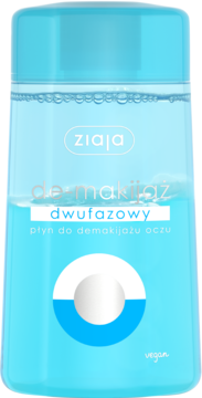 Ziaja dwufazowy płyn do demakijażu oczu, niebiesko-przejrzysty w butelce, widok z przodu, usuwa wodoodporny makijaż.