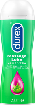 Durex Massage Lube Aloe Vera w zielonej butelce 200ml, widok z przodu, różowa kropla z liśćmi aloesu.