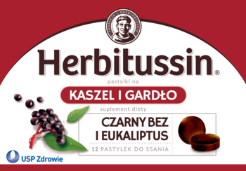 Herbitussin Pastylki na Kaszel i Gardło, czerwono-biała etykieta z czarnym bzem, eukaliptusem i pastylkami.