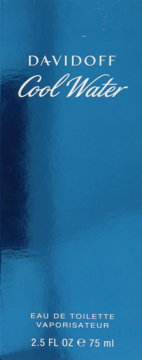 Błękitne pudełko perfum Davidoff Cool Water Eau de Toilette 75 ml, z białym napisem, widok z przodu.