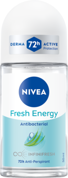 NIVEA Fresh Energy roll-on antyperspirant 72h w przezroczystej butelce, biała zakrętka, niebiesko-zielona etykieta z liśćmi.