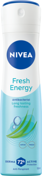 NIVEA Fresh Energy Antyperspirant spray 72h z trawą cytrynową, biało-niebieska butelka z liśćmi, widok z przodu.