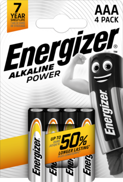 Biało-szary blister 4 baterii Energizer AAA Alkaline Power, z informacją o 7 latach trwałości, widok z przodu.