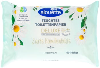 Nawilżany papier toaletowy Alouette Deluxe rumiankowy, zielono-białe opakowanie ze stokrotkami, widok z przodu.