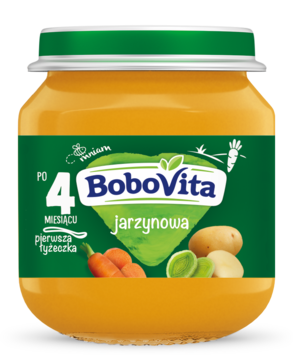 Słoiczek Bobovita z pomarańczową zupą jarzynową dla niemowląt po 4. miesiącu, widok z przodu, zielona etykieta.