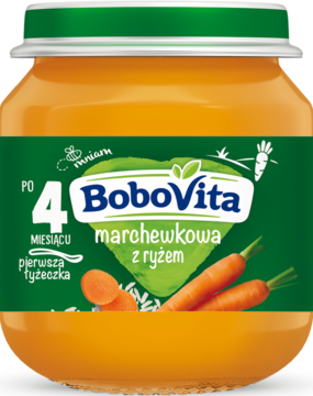 BoboVita marchewkowa z ryżem zupka dla niemowląt od 4 miesiąca, w szklanym słoiczku z zieloną nakrętką.