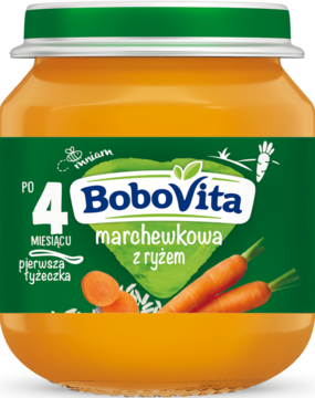 BoboVita marchewkowa z ryżem zupka dla niemowląt od 4 miesiąca, w szklanym słoiczku z zieloną nakrętką.
