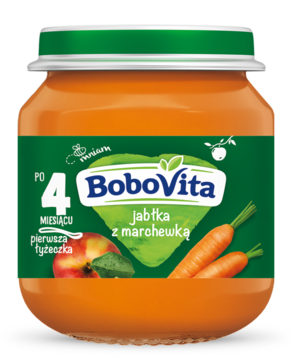 Słoik BoboVita przecier jabłko-marchewka dla niemowląt po 4 miesiącu, pomarańczowa zawartość, zielona nakrętka.