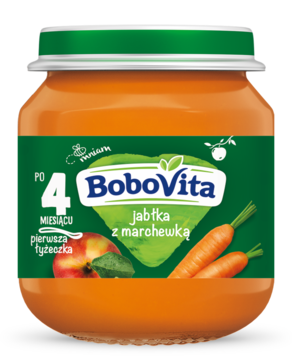Słoik BoboVita przecier jabłko-marchewka dla niemowląt po 4 miesiącu, pomarańczowa zawartość, zielona nakrętka.