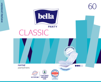 Biało-niebieskie opakowanie Bella Panty Classic, 60 normalnych, oddychających wkładek higienicznych. Widok z przodu.