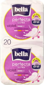 Dwa fioletowe opakowania supercienkich podpasek Bella Perfecta Ultra Violet Deo Fresh, silky drai.