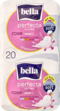 Dwa opakowania Bella Perfecta Ultra Rose, supercienkie i oddychające podpaski z zapachem róży, widok z przodu.
