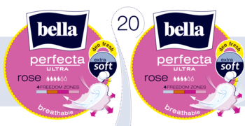 Dwa opakowania Bella Perfecta Ultra Rose 20 sztuk, supercienkie podpaski extra soft, oddychające, z delikatnym zapachem.