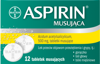 Zielone opakowanie Aspirin Musująca 500 mg, 12 tabletek na przeziębienie, gorączkę i ból głowy, widok z przodu.