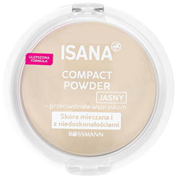 ISANA kompaktowy puder antybakteryjny JASNY, do cery mieszanej, w okrągłym beżowym opakowaniu, widok z góry.