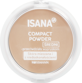 Antybakteryjny puder kompaktowy ISANA, odcień średni, w białym okrągłym opakowaniu. Matuje, do skóry mieszanej.