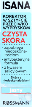 Isana korektor w sztyfcie na wypryski, jasny. Antybakteryjna formuła z kwasem salicylowym, opakowanie niebieskie.