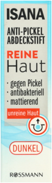 Isana Anti-Pickel Abdeckstift Dunkel, antybakteryjny i matujący korektor. Biała etykieta na niebieskim tle.
