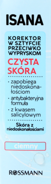 Isana korektor w sztyfcie, ciemny, antybakteryjny z kwasem salicylowym. Pionowy widok jasnoniebieskiego opakowania.