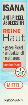 Isana Anti-Pickel Abdeckstift, korektor matujący w sztyfcie, odcień średni. Widok z przodu, logo Rossmann.