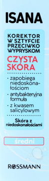 Isana korektor w sztyfcie średni dla czystej skóry, antybakteryjny z kwasem salicylowym, niebieskie tło.