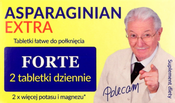 Żółte opakowanie suplementu Asparaginian Extra Forte z uśmiechniętym lekarzem i tekstem o potasie i magnezie.