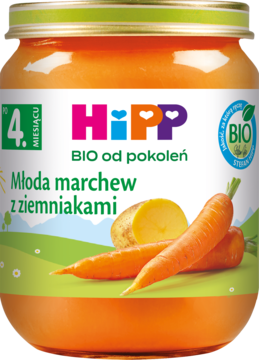 HiPP BIO Młoda marchew z ziemniakami, słoik z pomarańczowym przecierem dla niemowląt, widok z przodu.