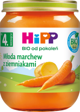 HiPP BIO Młoda marchew z ziemniakami, słoik z pomarańczowym przecierem dla niemowląt, widok z przodu.