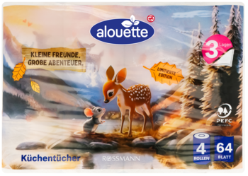 Alouette ręczniki kuchenne 3-warstwowe, 4 rolki, opakowanie z jelonkiem i myszką w lesie, widok z przodu.