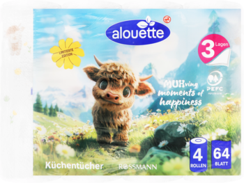 Ręczniki kuchenne Alouette, 4 rolki po 64 listki, 3-warstwowe. Opakowanie z cielakiem w górach, bezchlorowe.