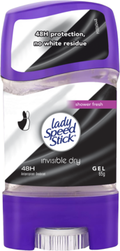 Fioletowy Lady Speed Stick Invisible Dry, dezodorant żelowy 65g, z przezroczystym okienkiem i napisem "48H protection".