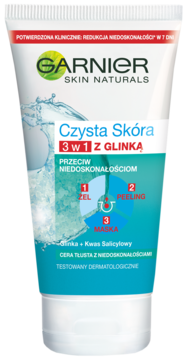 Garnier Czysta Skóra 3w1 żel-peeling-maska z glinką i kwasem salicylowym. Biała tubka na wprost dla cery tłustej.